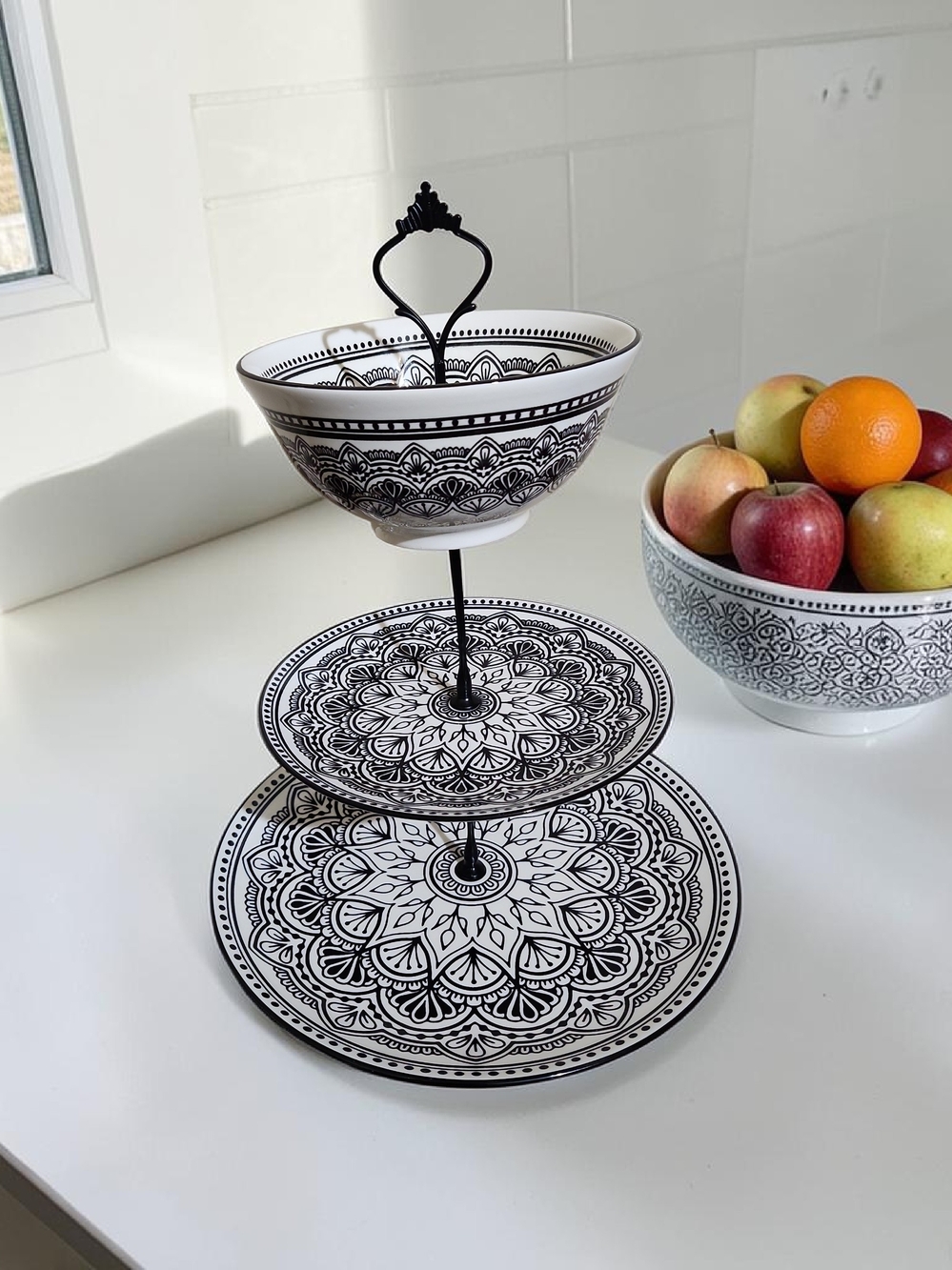Black and White 3-Tier Serving Stand with Mandala Pattern